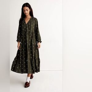 Madewell Olive Long Sleeve Dress with Dots